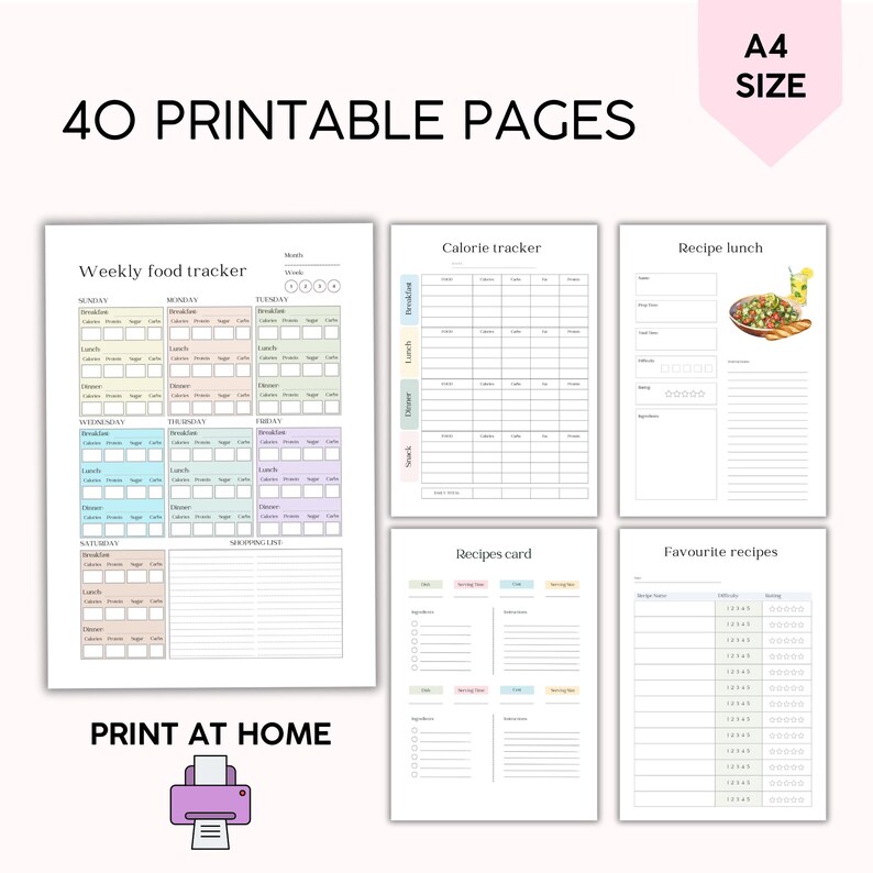 May include: Printable planner pages for meal planning and tracking. Includes a weekly food tracker, calorie tracker, recipe lunch page, recipes card, and favorite recipes page.  The pages are designed with a light pink, blue, and green color scheme.