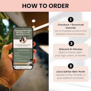 Peut inclure: Un &eacute;cran de smartphone affiche un programme de cr&eacute;ation de produits num&eacute;riques. L'image comprend les instructions : Checkout + Download Instantly, Rebrand in Minutes et List & Sell for 100% Profit. L'arri&egrave;re-plan est un int&eacute;rieur flou.
