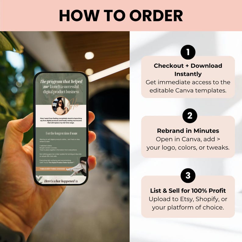 Peut inclure: Un &eacute;cran de smartphone affiche un programme de cr&eacute;ation de produits num&eacute;riques. L'image comprend les instructions : Checkout + Download Instantly, Rebrand in Minutes et List & Sell for 100% Profit. L'arri&egrave;re-plan est un int&eacute;rieur flou.