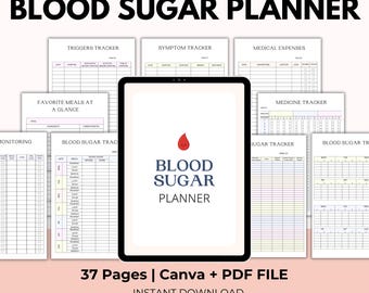 Registro de glucosa en sangre con derechos de reventa PLR, planificador de diabetes, plan de comidas, seguimiento de glucosa, Canva + PDF