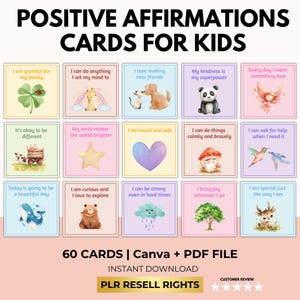 Positive Affirmation Cards Kids with PLR Resell Rights, Encouragement Cards Kids, Motivational Cards, Boho Watercolor Children Cards, Canva