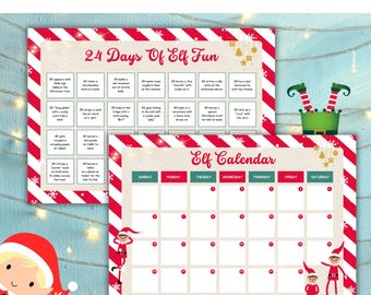 May include: Two rectangular printable sheets titled ELF CALENDAR & IDEAS and Elf Calendar. The sheets feature red and white diagonal striped borders with snowflake accents. One sheet contains a grid of 24 activity boxes, while the other is a blank monthly calendar grid decorated with cartoon elf illustrations.