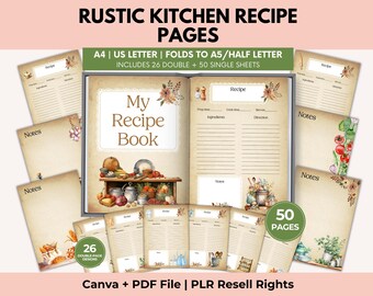 May include: A collection of rustic kitchen recipe pages, including a recipe book and individual recipe sheets. The pages are designed with a vintage aesthetic, featuring floral accents and the text "My Recipe Book". Includes 26 double-page designs and 50 single sheets.