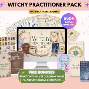 May include: A digital product bundle titled Witchy Practitioner Pack featuring 650+ Canva templates, including tarot guidebooks, grimoires, crystal journals, and moon manifestation guides, with bonus coloring pages, clipart, labels, and stickers.