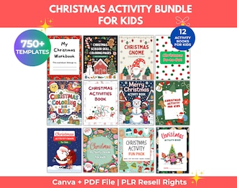 Kids Christmas Activity Bundle 750+, Printable Worksheets Canva Editable Templates + PDF, Coloring Pages, Do a dot, Holiday Busy Book, PLR