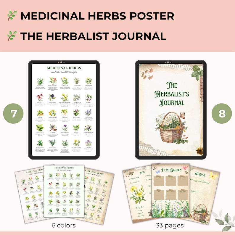 Pu&ograve; includere: Illustrazione digitale di un poster di erbe medicinali e di un diario. Il poster mostra varie erbe con i loro benefici per la salute. La copertina del diario presenta un cesto di fiori. Il testo recita "Medicinal Herbs Poster" e "The Herbalist's Journal".