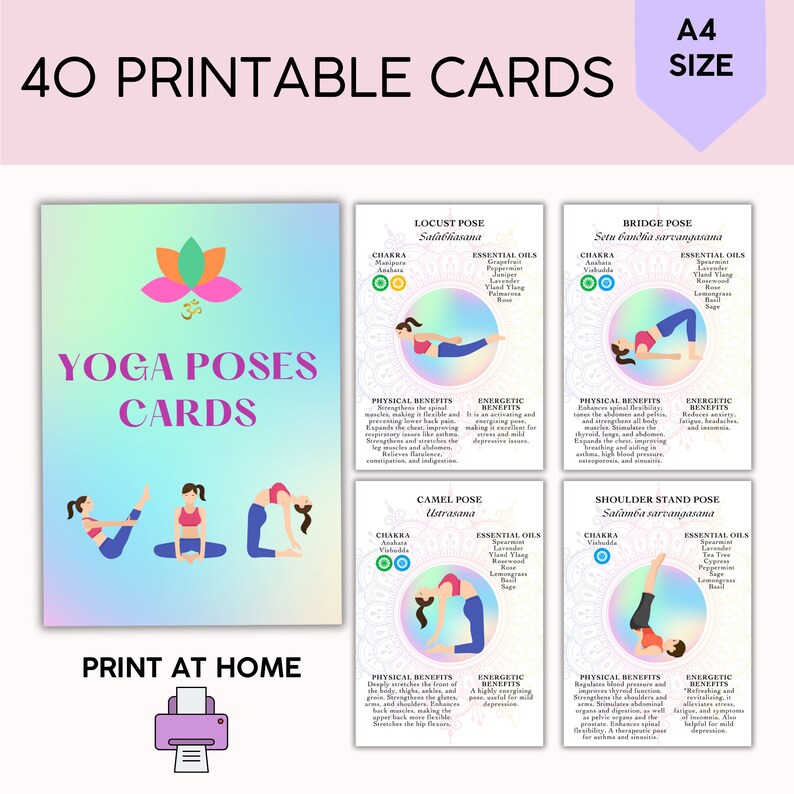 K&ouml;nnte beinhalten: Druckbare Yoga-Karten mit Illustrationen verschiedener Posen und Beschreibungen der physischen und energetischen Vorteile jeder Pose. Die Karten haben einen regenbogenfarbenen Hintergrund mit einem Mandala-Design und den Text "Yoga Poses Cards".