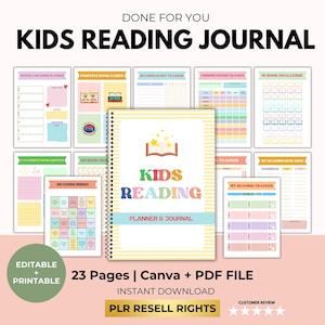 Leesplanner en dagboek voor kinderen met PLR doorverkooprechten, kinderboekentracker, bewerkbare planner voor kinderen leesuitdaging voor kinderen, canva pdf