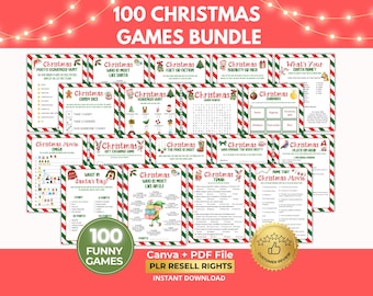 May include: A bundle of 100 Christmas games, featuring various game cards with red, green, and white striped borders. The title "100 Christmas Games Bundle" is at the top. Includes games like scavenger hunts and trivia. A gold seal reads "Customer Review".