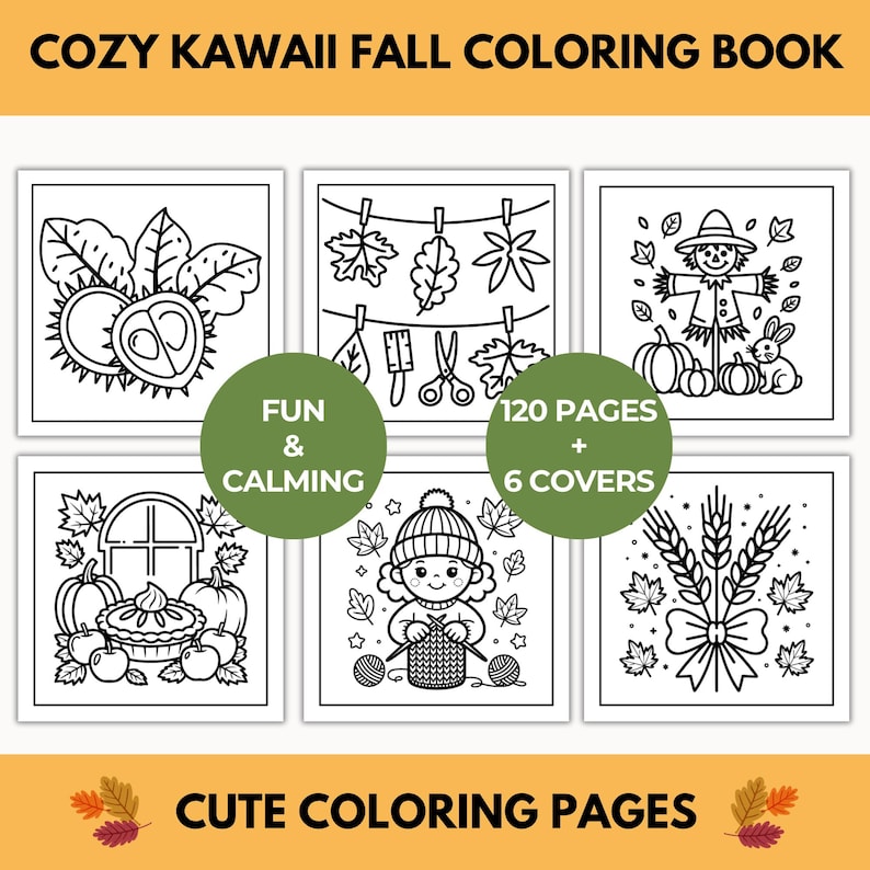 May include: A black and white coloring book with six covers, featuring fall-themed illustrations. The book includes images of pumpkins, scarecrows, leaves, and knitting. Text on the cover reads "COZY KAWAII FALL COLORING BOOK" and "CUTE COLORING PAGES".
