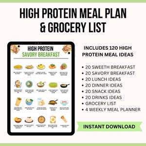 K&ouml;nnte beinhalten: Ein digitaler Download f&uuml;r einen proteinreichen Ern&auml;hrungsplan und eine Einkaufsliste. Das Bild zeigt einen Tablet-Bildschirm mit einer Liste von 120 proteinreichen Rezeptideen, darunter 20 s&uuml;&szlig;e Fr&uuml;hst&uuml;cke, 20 herzhafte Fr&uuml;hst&uuml;cke, 20 Mittagessen, 20 Abendessen, 20 Snacks, 20 Getr&auml;nkeauswahl, eine Einkaufsliste und ein 4-Wochen-Men&uuml;planer. Der Text "HIGH PROTEIN MEAL PLAN & GROCERY LIST" befindet sich oben im Bild.