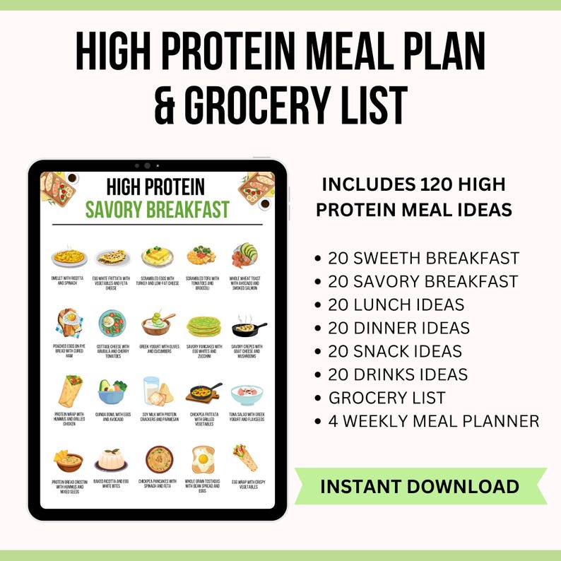 K&ouml;nnte beinhalten: Ein digitaler Download f&uuml;r einen proteinreichen Ern&auml;hrungsplan und eine Einkaufsliste. Das Bild zeigt einen Tablet-Bildschirm mit einer Liste von 120 proteinreichen Rezeptideen, darunter 20 s&uuml;&szlig;e Fr&uuml;hst&uuml;cke, 20 herzhafte Fr&uuml;hst&uuml;cke, 20 Mittagessen, 20 Abendessen, 20 Snacks, 20 Getr&auml;nkeauswahl, eine Einkaufsliste und ein 4-Wochen-Men&uuml;planer. Der Text "HIGH PROTEIN MEAL PLAN & GROCERY LIST" befindet sich oben im Bild.