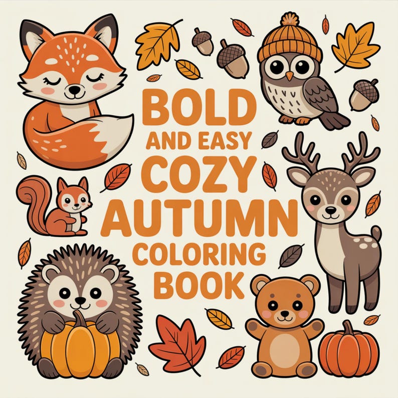 May include: A "Bold and Easy Cozy Autumn Coloring Book" cover featuring cartoon animals and fall elements. The illustrations include a fox, squirrel, owl, deer, hedgehog, bear, pumpkins, acorns, and leaves in warm autumn colors.