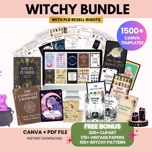Könnte beinhalten: Ein digitales Hexen-Paket mit über 1500 Canva-Vorlagen, einem 2027 Hexen-Planer, dem vollständigen Grimoire, einem 2027 Hexen-Arbeitsbuch, Tarot-Anleitungen und Kristallkarten sowie einem Bonus mit 300+ Cliparts, 170+ Vintage-Papieren und 100+ Mustern.