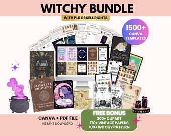 May include: A digital witchy bundle featuring 1500+ Canva templates, a 2027 witchy planner, The Complete Grimoire, a 2027 witchy workbook, tarot guides, and crystal cards. Includes a free bonus of 300+ clipart, 170+ vintage papers, and 100+ witchy patterns.