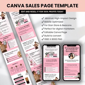 Peut inclure: Mod&egrave;le de page de vente Canva rose avec le texte "CANVA SALES PAGE TEMPLATE" et "EDIT AND RESELL IT FOR 100% PROFITS TODAY". La conception comprend des maquettes d'ordinateur portable et de t&eacute;l&eacute;phone, avec des puces.