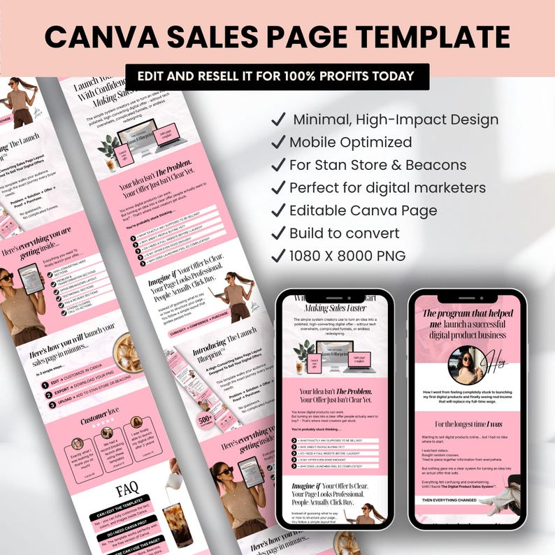 Peut inclure: Mod&egrave;le de page de vente Canva rose avec le texte "CANVA SALES PAGE TEMPLATE" et "EDIT AND RESELL IT FOR 100% PROFITS TODAY". La conception comprend des maquettes d'ordinateur portable et de t&eacute;l&eacute;phone, avec des puces.