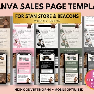 May include: A Canva sales page template with the text "FOR STAN STORE & BEACONS" and "PLR RESELL RIGHTS". The design includes mockups of mobile phone screens displaying sales page layouts in five different color schemes. The text "HIGH CONVERTING PNG - MOBILE OPTIMIZED" is also present.