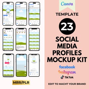 May include: A mockup kit of 23 social media profile templates for Facebook, Instagram, and TikTok. The templates feature a green and blue landscape design with clouds and a circle in the center. The text "MRR/PLR" is at the bottom of the image.