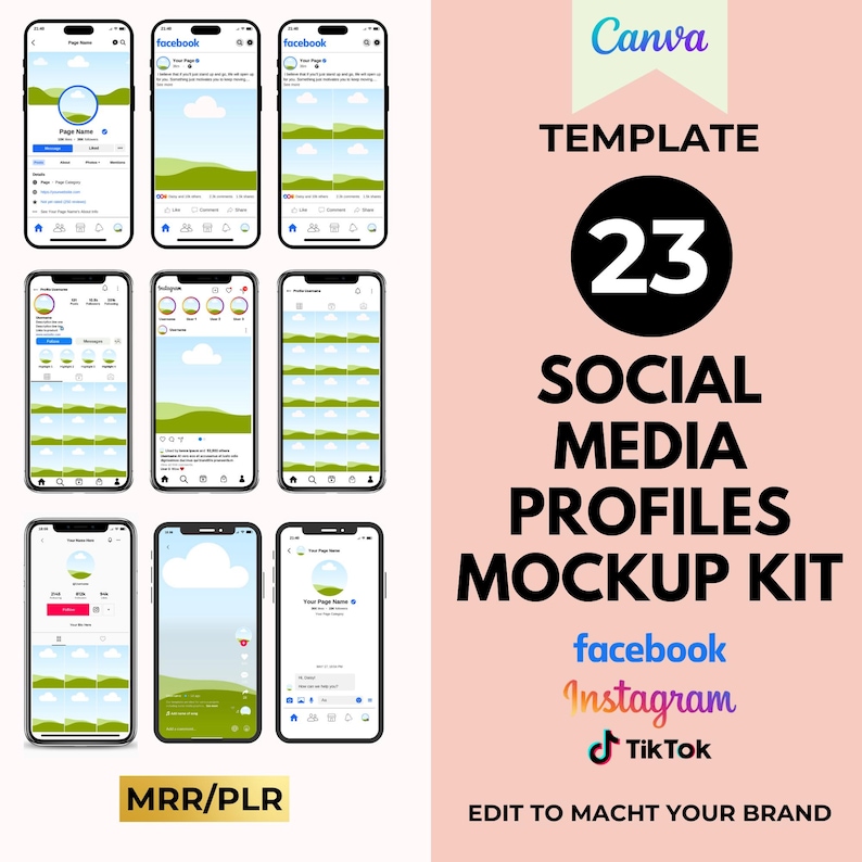 May include: A mockup kit of 23 social media profile templates for Facebook, Instagram, and TikTok. The templates feature a green and blue landscape design with clouds and a circle in the center. The text "MRR/PLR" is at the bottom of the image.