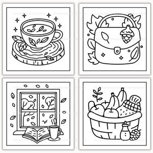 Op de afbeelding: Vier zwart-wit lijnkunst illustraties met een herfstthema. E&eacute;n toont een theekopje op een houten schijf, een ander een handtas met bladeren, een derde een raam met vallende bladeren en de laatste een fruitmand.
