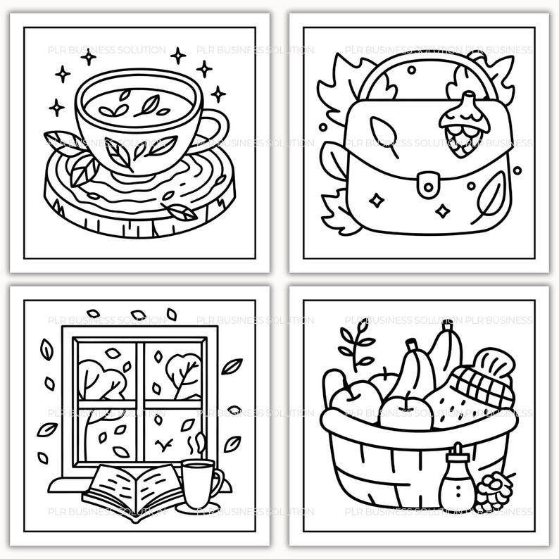 Op de afbeelding: Vier zwart-wit lijnkunst illustraties met een herfstthema. E&eacute;n toont een theekopje op een houten schijf, een ander een handtas met bladeren, een derde een raam met vallende bladeren en de laatste een fruitmand.
