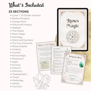 May include: An image showcasing a digital tablet with the text "Runes Magic" and a compass rose design. Accompanying the tablet are printed pages detailing various topics, including a pentagram, prosperity bowl, and crystal formations. The image also lists 23 sections.