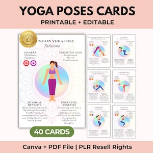 Yoga Posen Karten zum Ausdrucken, Chakra Balancing Karteikarten, Hatha und moderne Asanas, Canva + PDF, PLR