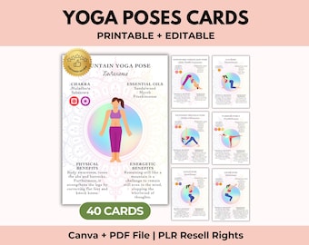 Yoga Poses Cards Printable, Chakra Balancing Flashcards, Hatha and Modern Asanas, Canva + PDF, PLR