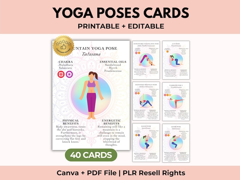 Yoga Posen Karten zum Ausdrucken, Chakra Balancing Karteikarten, Hatha und moderne Asanas, Canva + PDF, PLR Bild 1