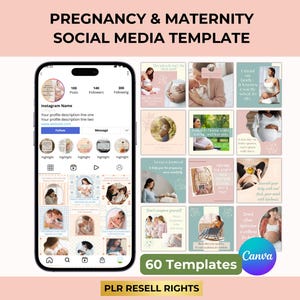 Pode incluir: Uma maquete de smartphone exibindo um perfil do Instagram com modelos de mídia social sobre gravidez e maternidade. Os modelos apresentam imagens de pessoas grávidas e bebês, com sobreposições de texto. A imagem inclui o logotipo da Canva e o texto "60 Modelos".