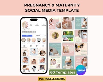 May include: A mockup of a smartphone displaying an Instagram profile with pregnancy and maternity social media templates. The templates feature images of pregnant people and babies, with text overlays. The image includes the Canva logo and the text "60 Templates".