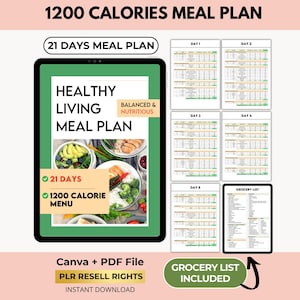 1200 Calorie Meal Plan Recipes for Weight Loss with PLR Resell Rights, 21-Days Meal Prep, Grocery List, Canva + PDF