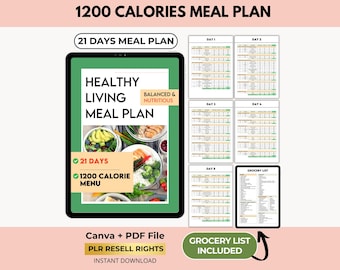 Plan de comidas de 21 días y 1200 calorías para bajar de peso, recetas altas en proteínas, Canva + PDF, derechos de reventa PLR.