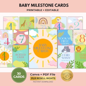 Tarjetas de hitos del bebé, tarjetas de progreso del bebé, temática de animales, Canva + PDF, derechos de reventa PLR.