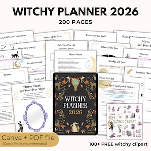 May include: A digital Witchy Planner 2026 with 200 pages, featuring a black tablet displaying the planner's cover design. The cover has the text "Witchy Planner 2026" and illustrations. Additional pages include tarot spreads, moon trackers, and witchy clipart.