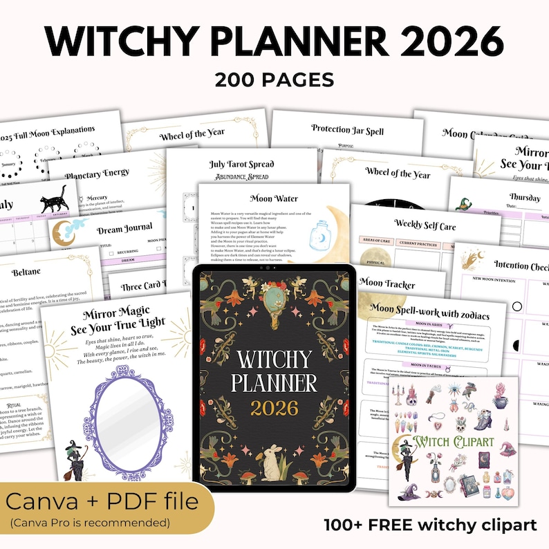 May include: A digital Witchy Planner 2026 with 200 pages, featuring a black tablet displaying the planner's cover design. The cover has the text "Witchy Planner 2026" and illustrations. Additional pages include tarot spreads, moon trackers, and witchy clipart.