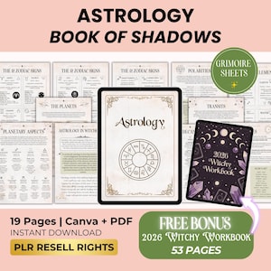 Peut inclure: Téléchargement numérique d'un "Astrology Book of Shadows" avec signes du zodiaque, aspects planétaires et un "2026 Witchy Workbook". L'image présente une tablette affichant la couverture du livre et un tableau zodiacal circulaire. Le texte indique "Téléchargement instantané".