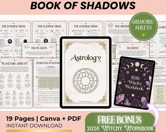 May include: A digital download featuring an "Astrology Book of Shadows" with zodiac signs, planetary aspects, and a 2026 Witchy Workbook. The image includes a tablet displaying the book's cover and a circular zodiac chart. The text reads "Instant Download".