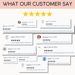May include: A collage of customer reviews with five-star ratings for an Etsy shop. The reviews highlight the quality of the products, the friendly customer service, and the overall positive experience. The text includes phrases like "great products", "friendly owner", "amazing recipes", and "great communication".