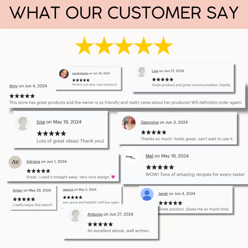 May include: A collage of customer reviews with five-star ratings for an Etsy shop. The reviews highlight the quality of the products, the friendly customer service, and the overall positive experience. The text includes phrases like "great products", "friendly owner", "amazing recipes", and "great communication".