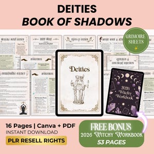 May include: A digital download featuring a "Deities Book of Shadows" and a "2026 Witchy Workbook." The image displays a tablet with the word "Deities" and an illustration. Additional pages cover topics like deity work and invocations. Includes PLR resell rights.