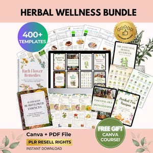 Paquete de bienestar herbal con derechos de reventa PLR, manual de aromaterapia, guía de flores de Bach, remedio natural holístico, póster de hierbas, Canva + PDF