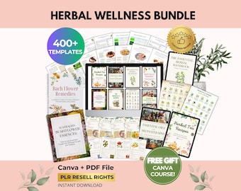Ensemble bien-être à base de plantes avec droits de revente DPP, manuel d'aromathérapie, guide des fleurs de Bach, remède naturel holistique, affiche d'herbes, toile + PDF