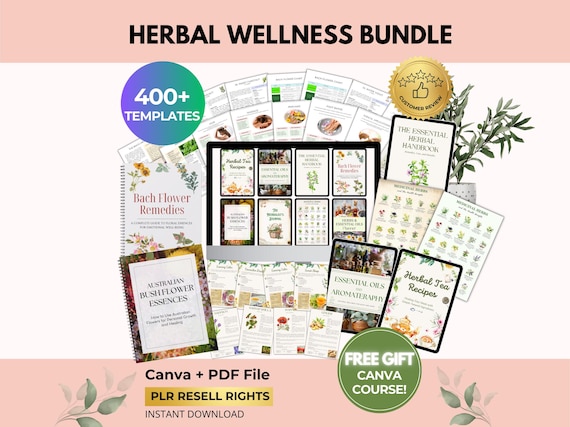 Herbal Wellness Bundle with PLR Resell Rights, Aromatherapy Handbook, Bach Flower Guide, Holistic Natural Remedy, Herbs Poster, Canva + PDF