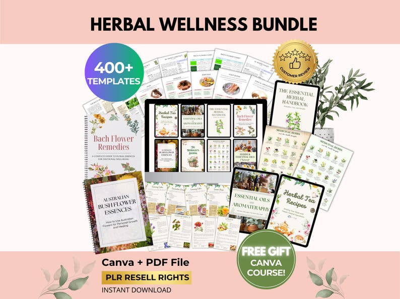 Pu&ograve; includere: Un pacchetto digitale incentrato sul benessere a base di erbe, con modelli, guide e ricette. L'immagine presenta vari libri e documenti digitali, con il testo "Herbal Wellness Bundle" e "400+ Templates".