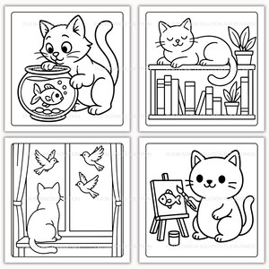 May include: A collection of four black and white line art illustrations featuring cats. One cat is with a fishbowl, another is on a bookshelf, a third is by a window with birds, and the last is painting a fish.
