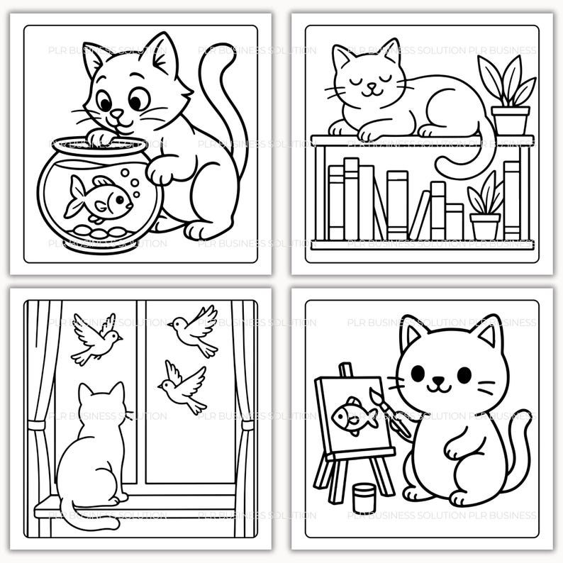 May include: A collection of four black and white line art illustrations featuring cats. One cat is with a fishbowl, another is on a bookshelf, a third is by a window with birds, and the last is painting a fish.