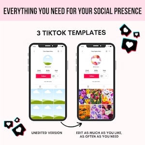 May include: Two screenshots of a TikTok profile page. The left screenshot shows a profile with a blue sky and green hills background. The right screenshot shows a profile with a floral background. Both profiles have the same information, including the username "Your Name Here", 2,145 followers, 812k likes, and 94k videos. The text "UNEDITED VERSION" is below the left screenshot, and the text "EDIT AS MUCH AS YOU LIKE, AS OFTEN AS YOU NEED" is below the right screenshot.