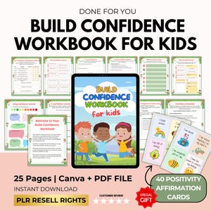 Hojas de trabajo de autoestima para niños con derechos de reventa PLR, libro de trabajo y tarjetas para desarrollar la confianza, terapia infantil de salud mental, Canva
